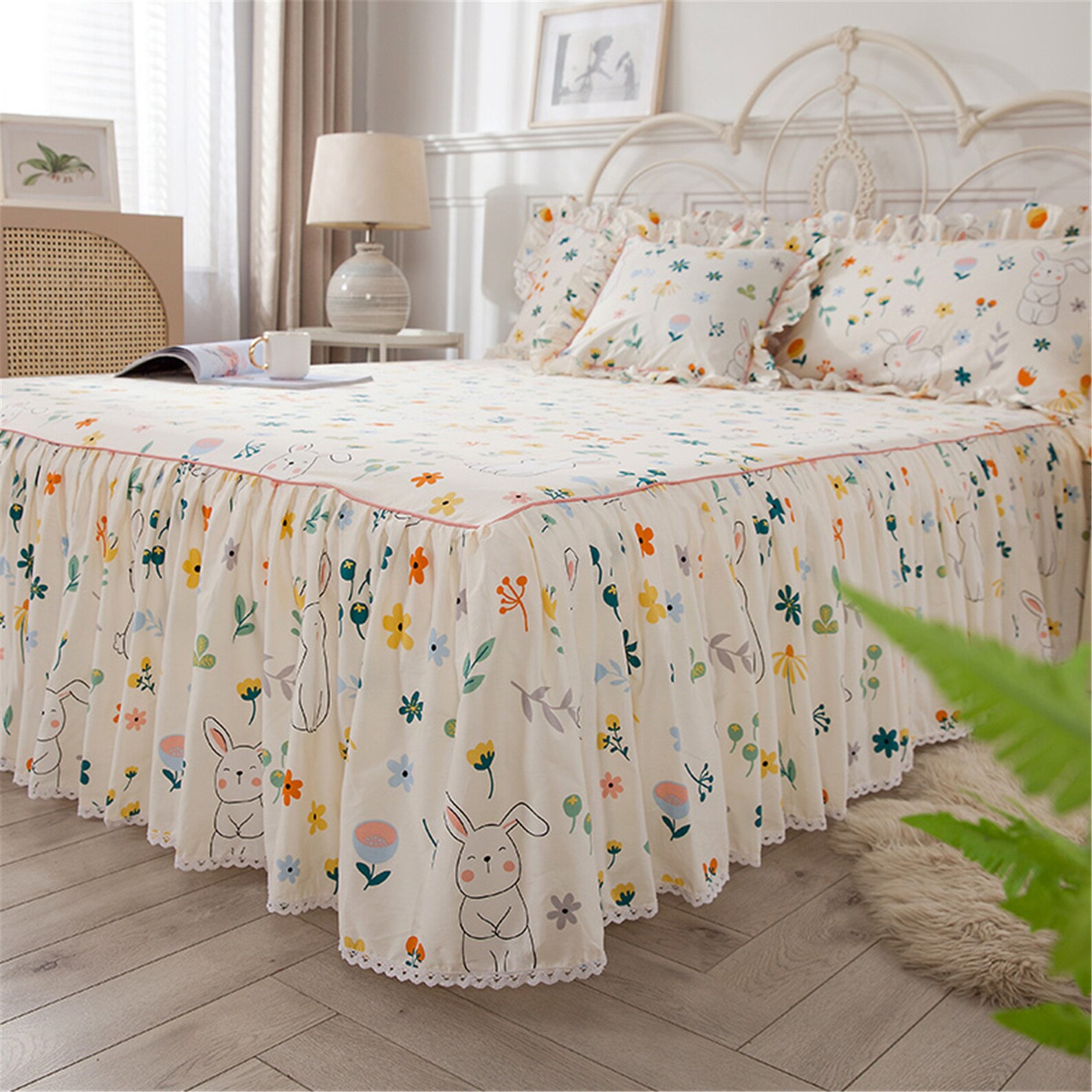 Floral Bed Skirt Lace Covered Bed Skirt Soft Cute Cotton Bed Etsy