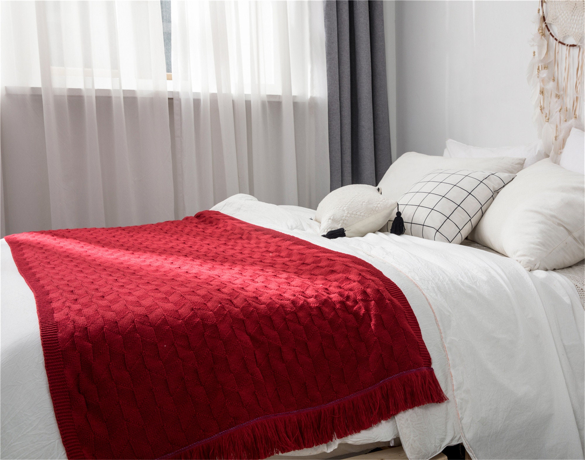 Red Knitted Throw Blanket Thin Decorative Blanket Geometric Etsy