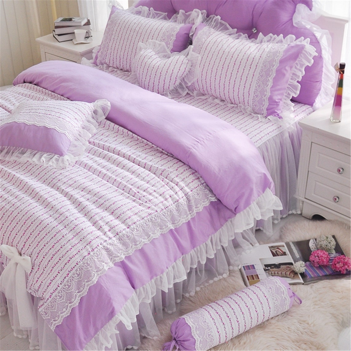 Purple Floral Duvet Cover Set Cotton Bedding Set Lace Bow Etsy
