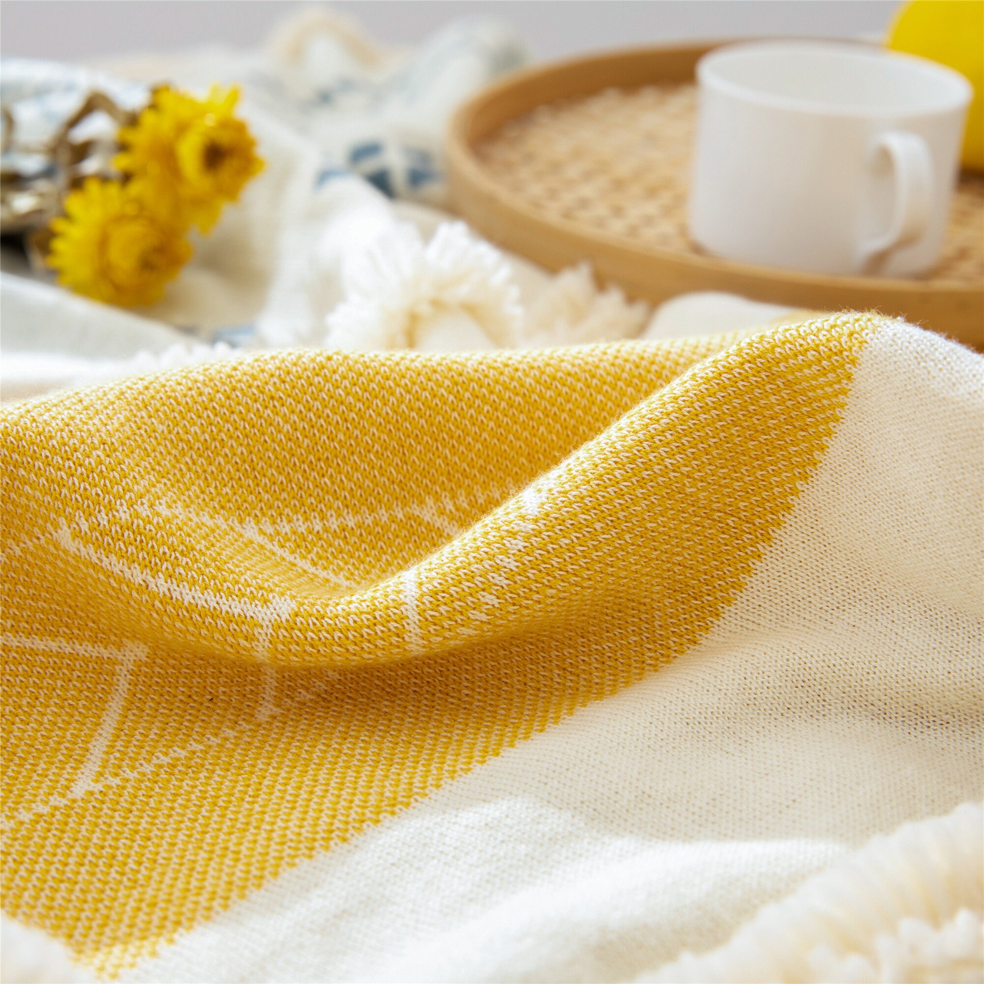 Yellow White Blue Geometric Throw Blanket Soft Cotton Knitted Etsy