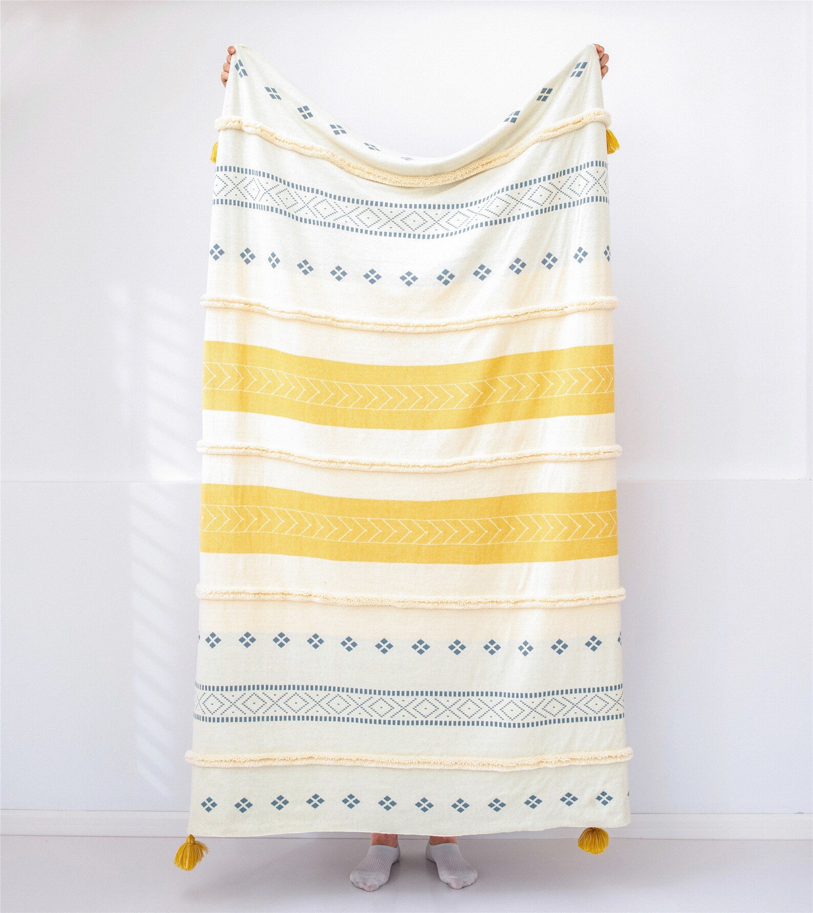 Yellow White Blue Geometric Throw Blanket Soft Cotton Knitted Etsy