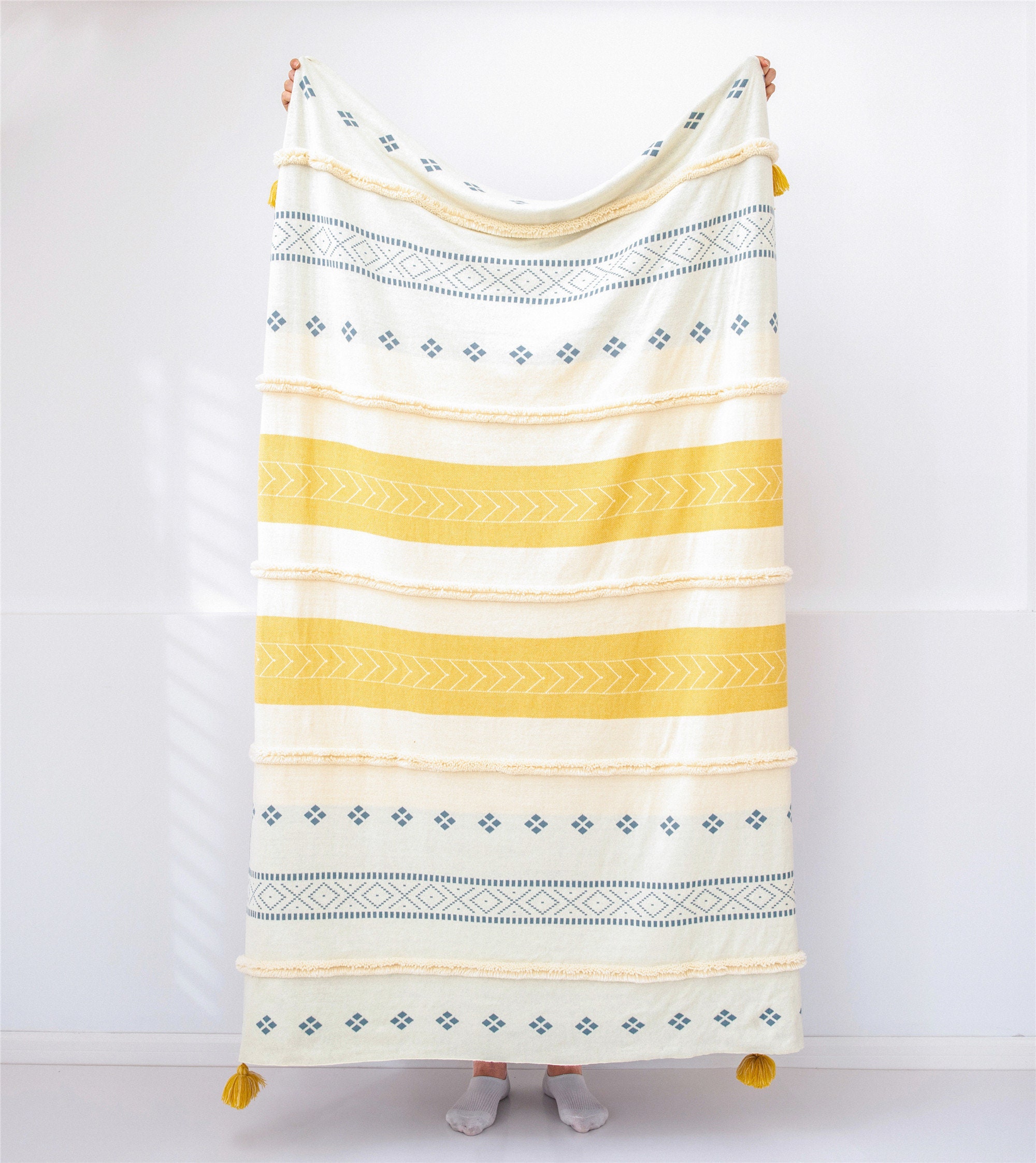 Yellow White Blue Geometric Throw Blanket Soft Cotton Knitted Etsy
