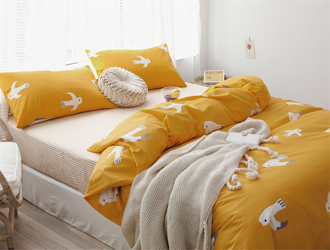 100 Cotton Duvet Cover Set Yellow Bird Duvet Cover Set Kids Etsy