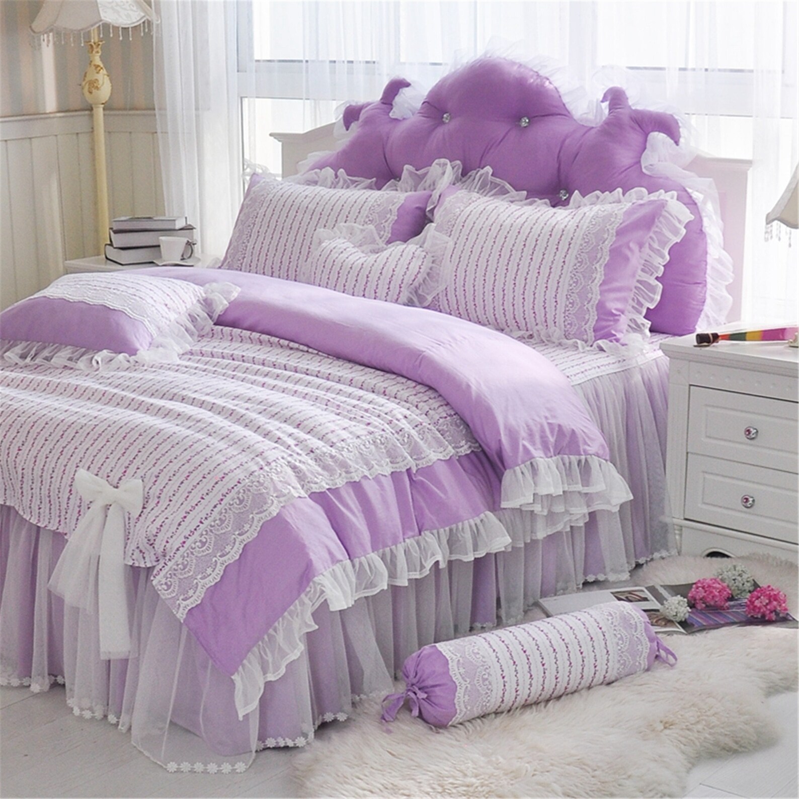 Purple Floral Duvet Cover Set Cotton Bedding Set Lace Bow Etsy