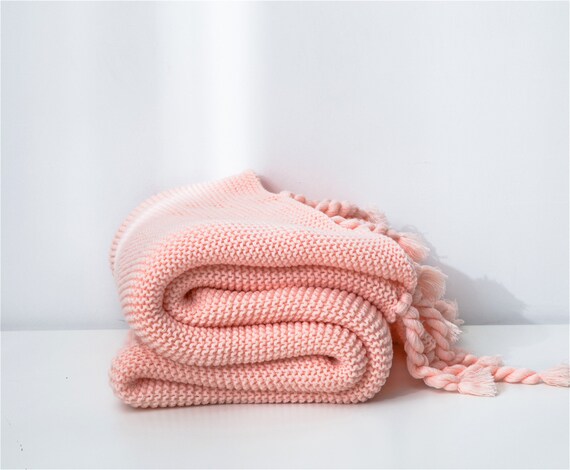 Light Pink Knitted Throw Blanket Pure Color Minimalist Blanket | Etsy