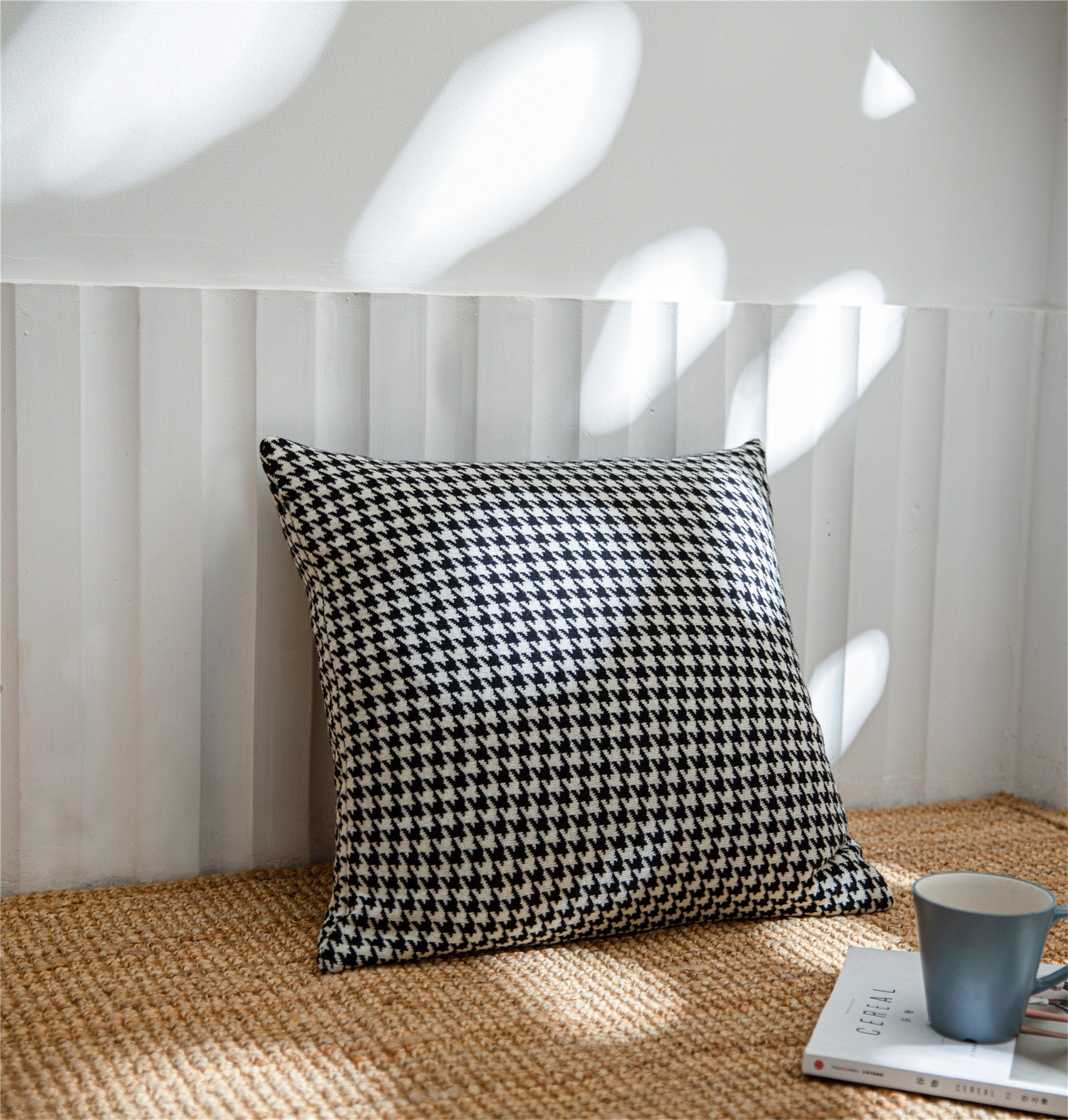 Houndstooth Throw Pillow Cover Black White Cotton Knitted Etsy