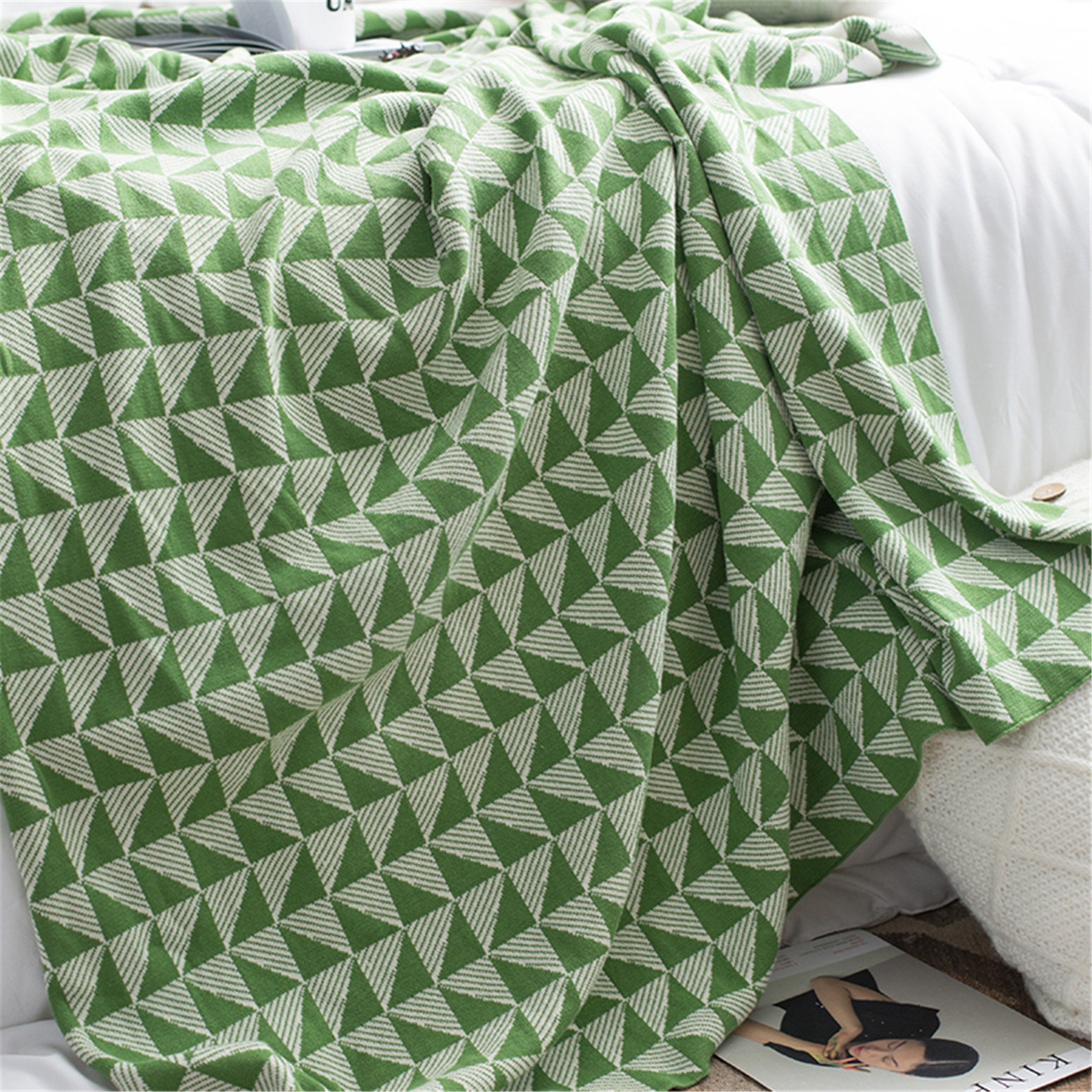 Green Cotton Knitted Throw Blanket Geometric Triangle Blanket Etsy