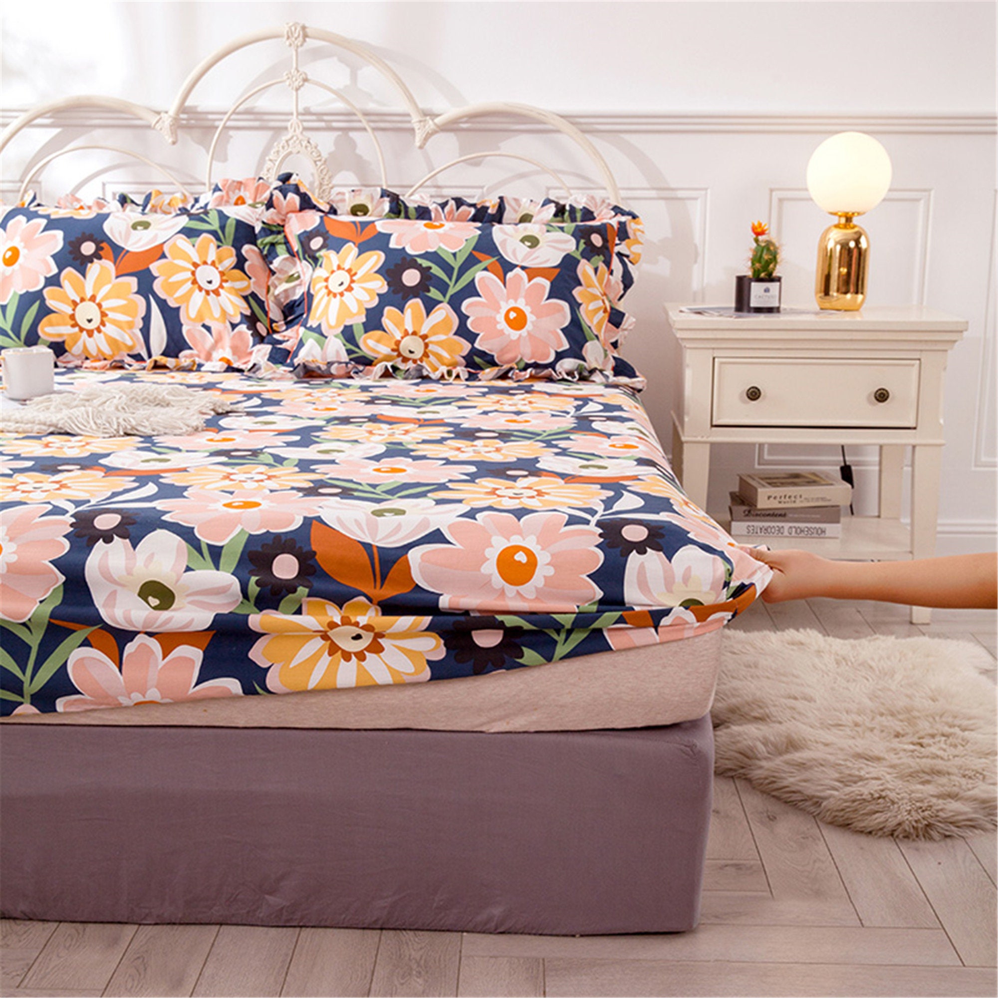 New Arrival Soft Cotton Fitted Sheet Colorful Flower Fitted Etsy