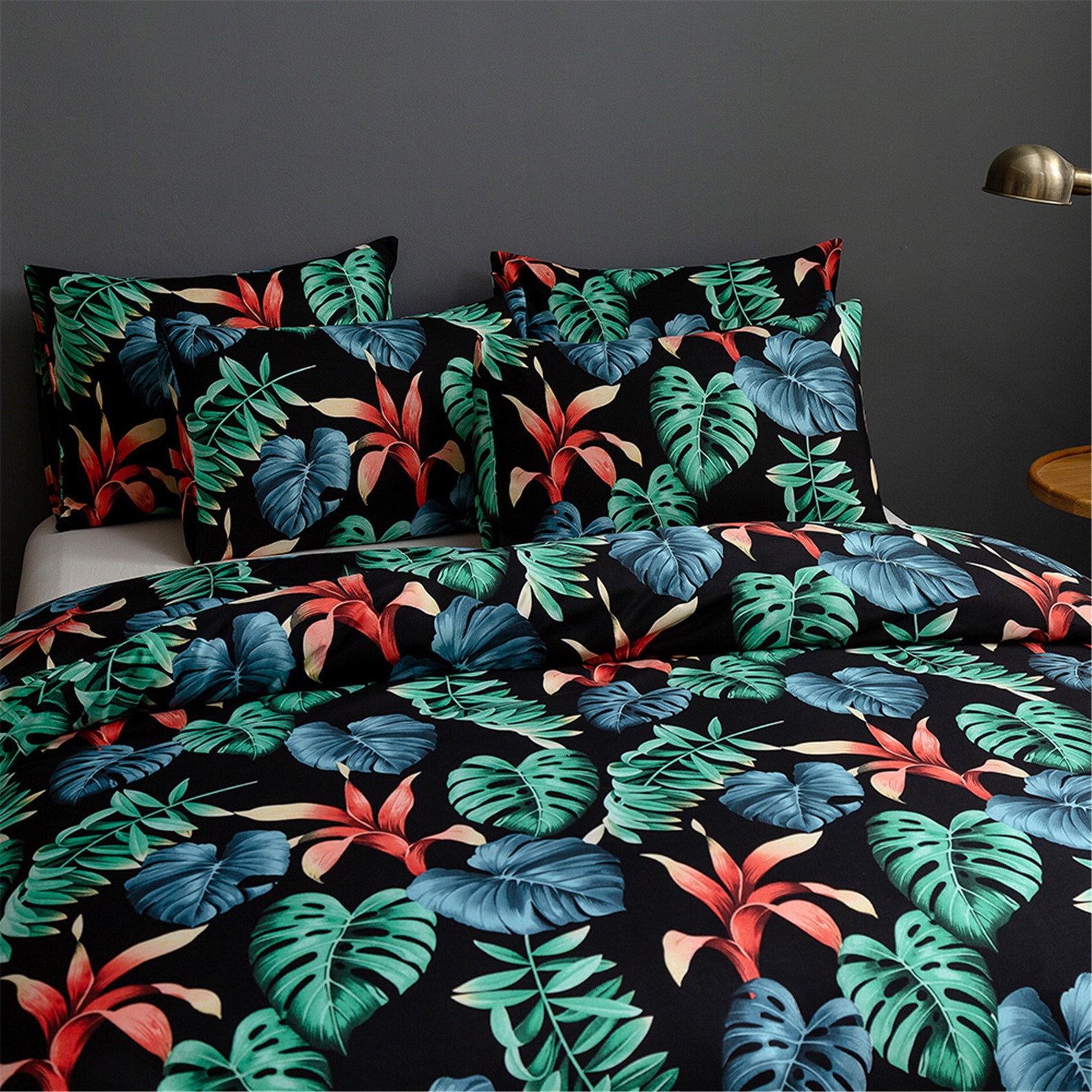 Black Floral Duvet Cover Set Tropical Flower Bedding Set Etsy