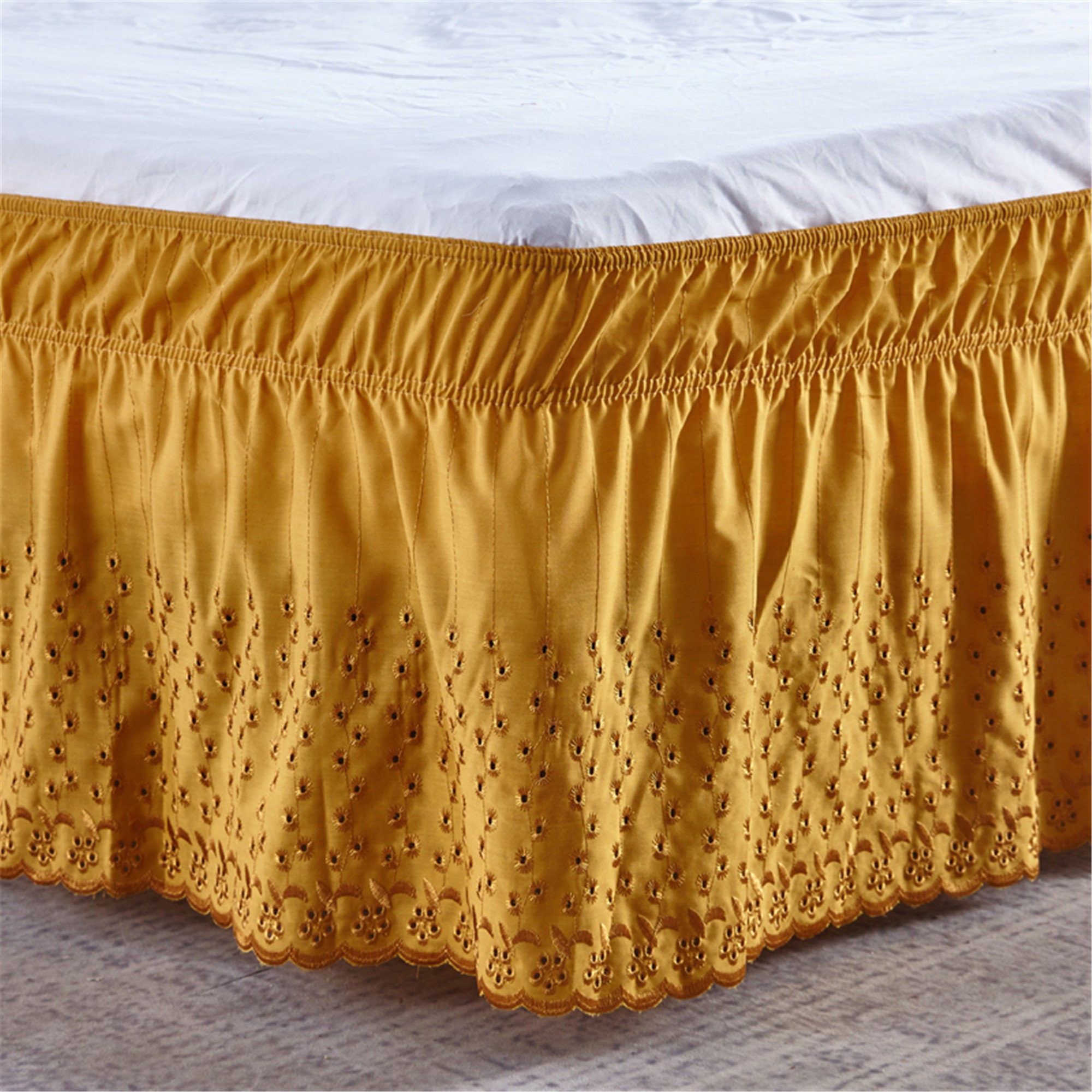 Gold Stretch Embroidery Bed Skirt Elastic Wrap Around Bed Etsy