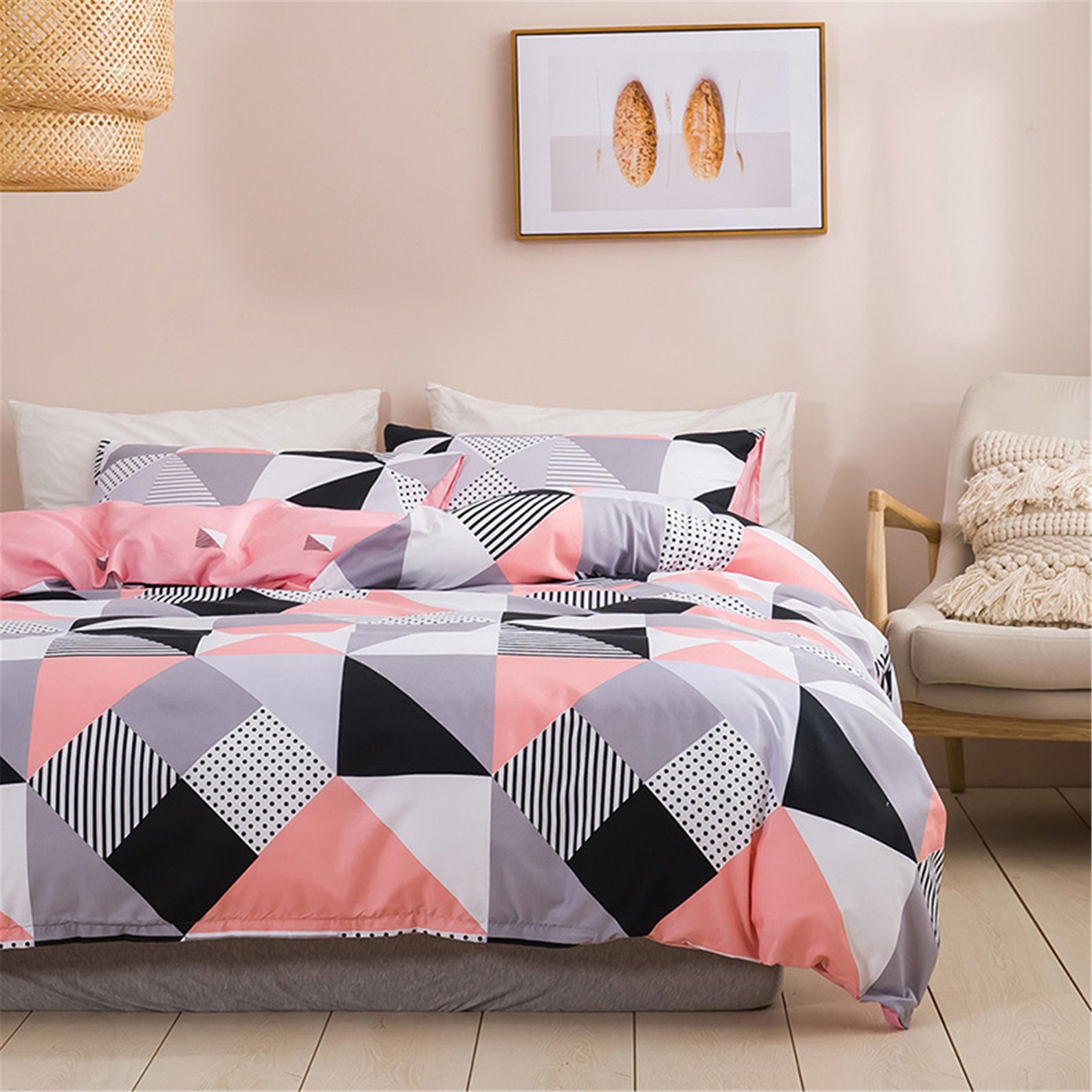 Triangle Duvet Cover Set Geometric Bedding Set Pink Gray Black Etsy