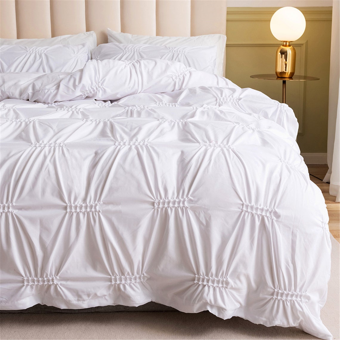 White Pinch Pleated Duvet Cover Set Solid Color Minimalist Etsy