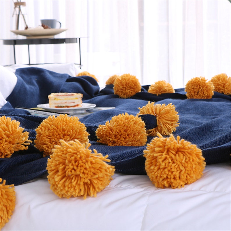 Blue Cotton Knitted Throw Blanket Decorative Orange Pom Poms Etsy