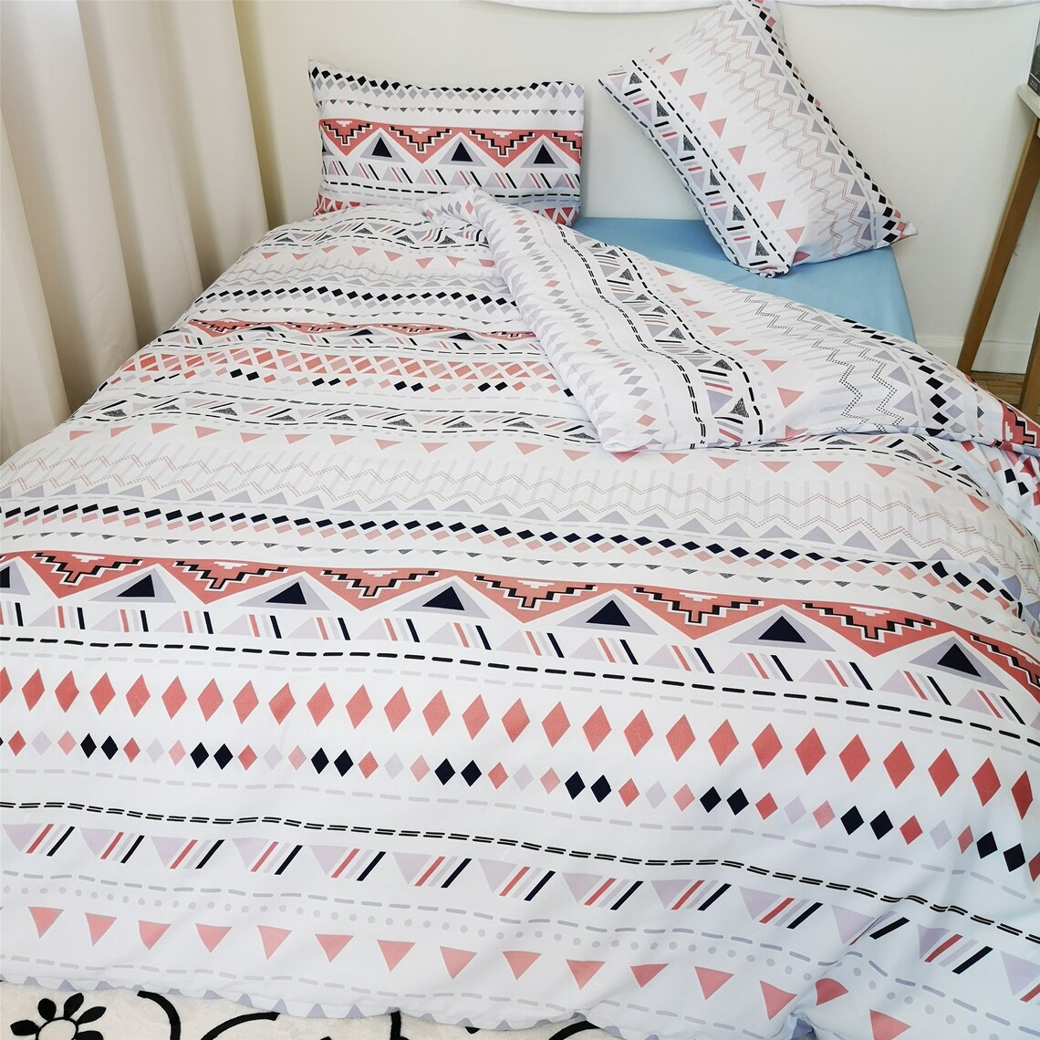 Pink Geometric Duvet Cover Set Stripes Rhombus Triangle Etsy