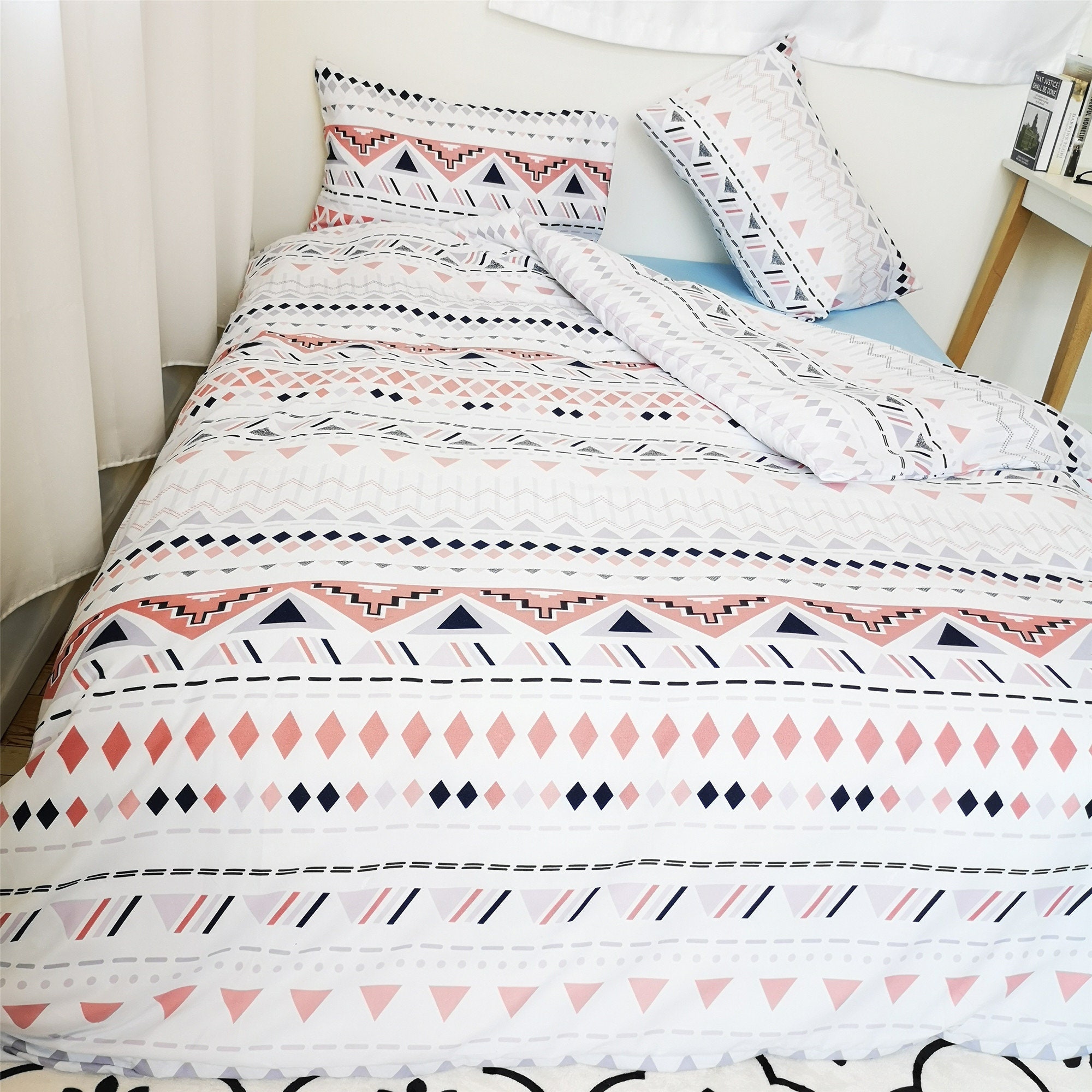 Pink Geometric Duvet Cover Set Stripes Rhombus Triangle Etsy