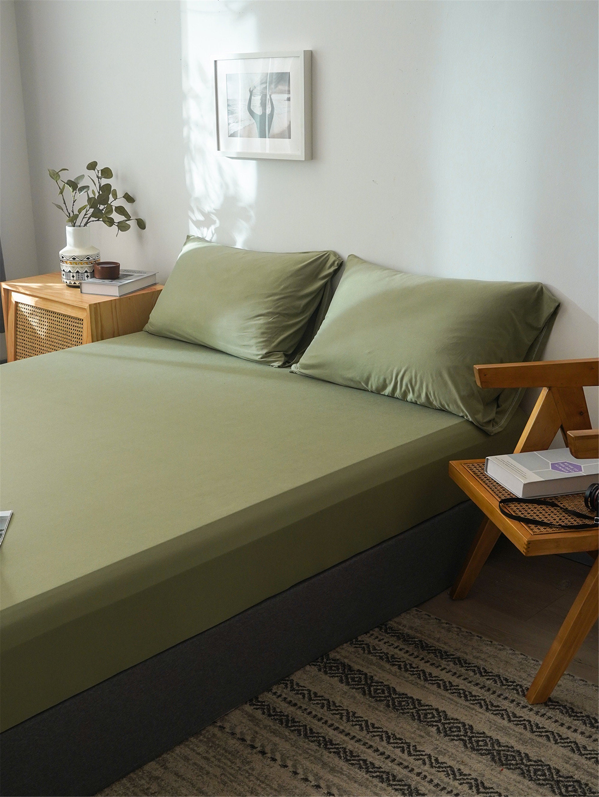 Mustard Green Fitted Sheet Solid Color Minimalist Bed Fitted Etsy
