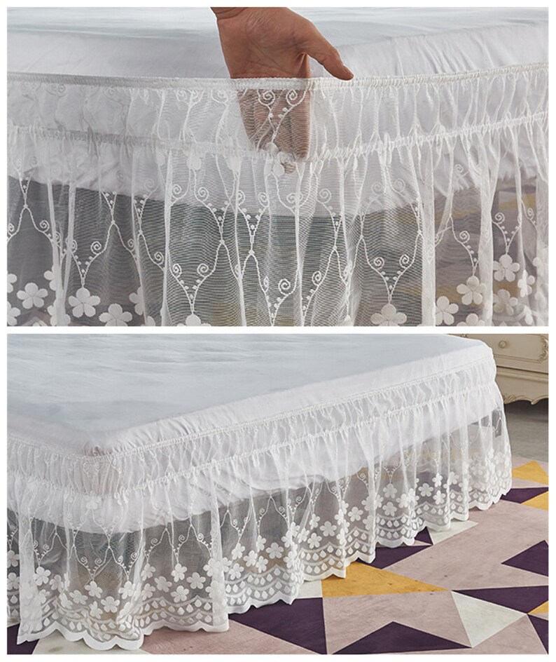 White Lace Stretch Bed Skirt Elastic Wrap Around Elastic Bed Etsy