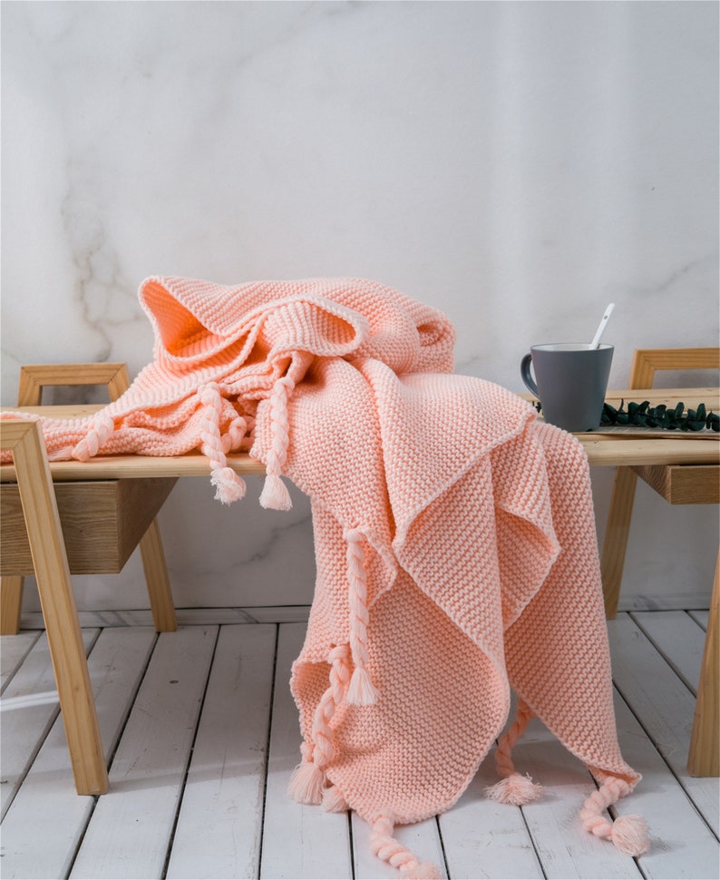 Light Pink Knitted Throw Blanket Pure Color Minimalist Blanket Etsy
