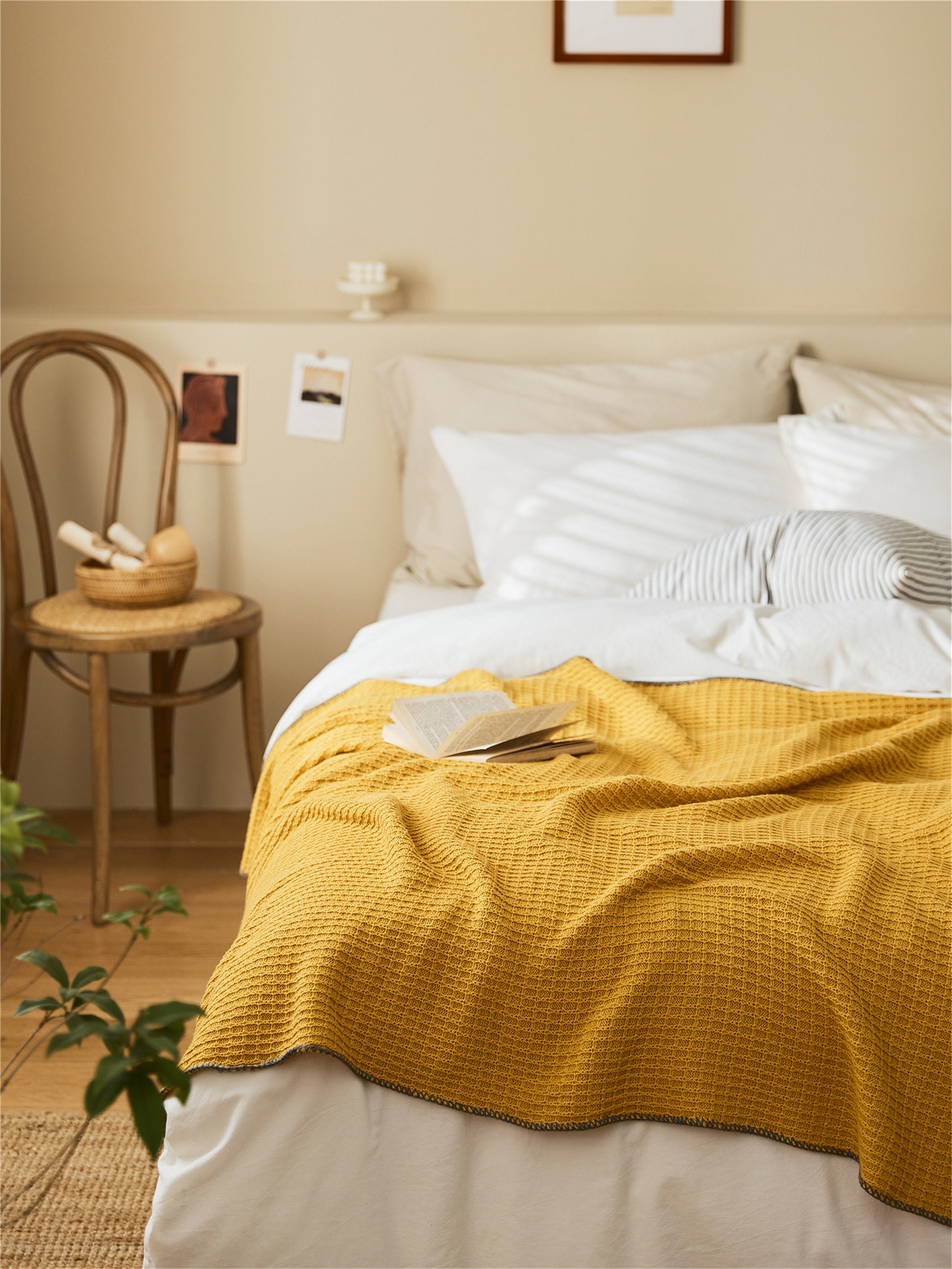 Ginger Yellow Cotton Knitted Throw Blanket Waffle Grid Blanket Etsy