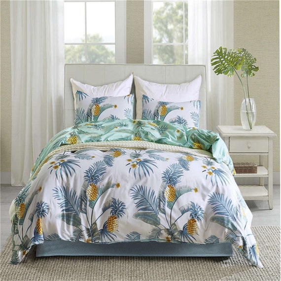 Pineapple Reversible Bedding Set Palm Leaf Duvet Cover Set Etsy