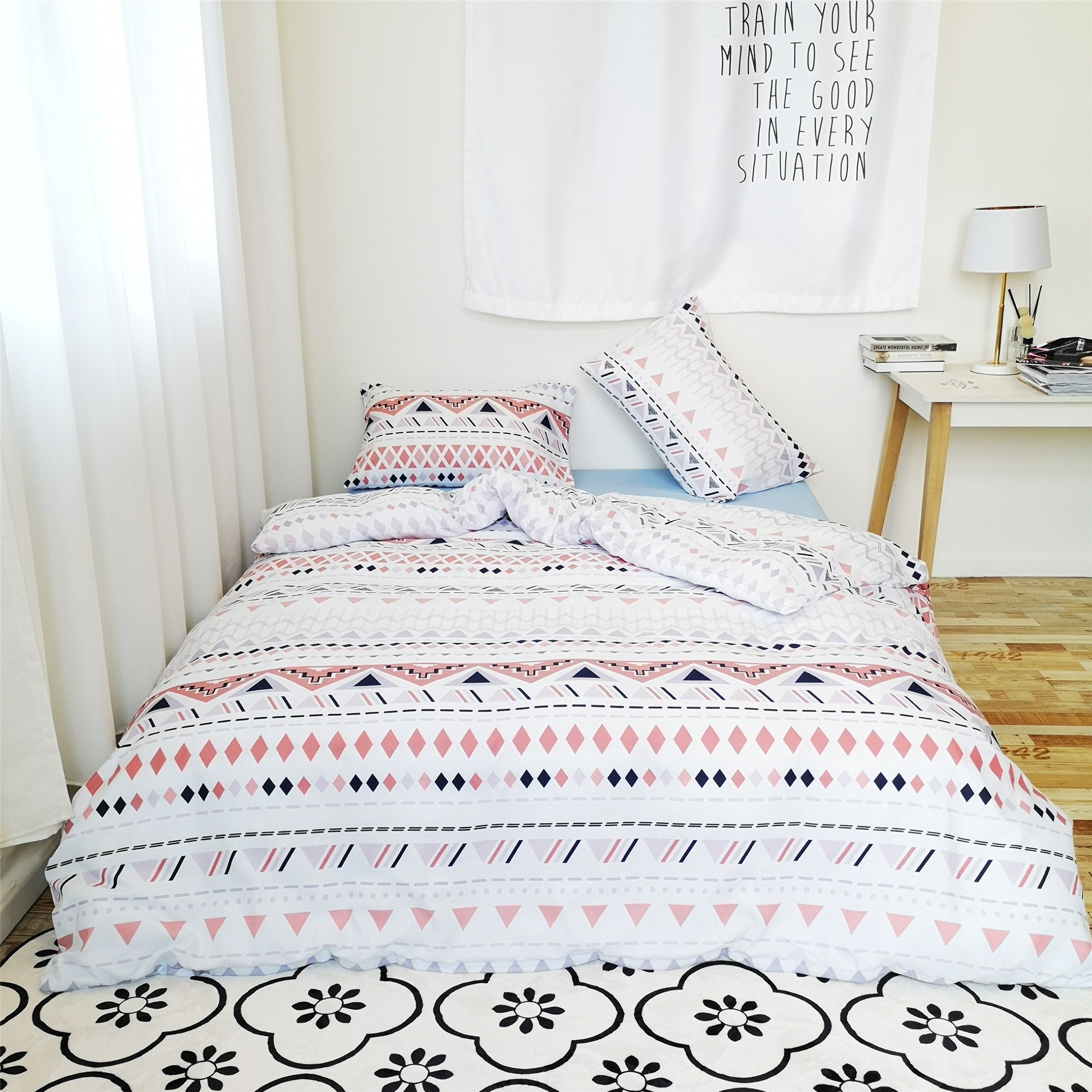 Pink Geometric Duvet Cover Set Stripes Rhombus Triangle Etsy