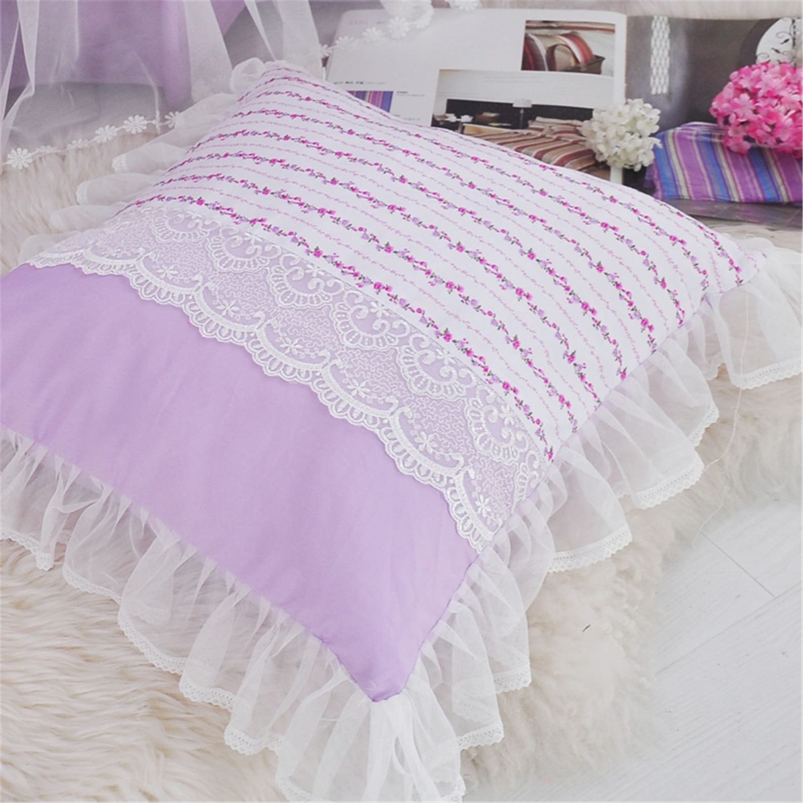 Purple Floral Duvet Cover Set Cotton Bedding Set Lace Bow Etsy