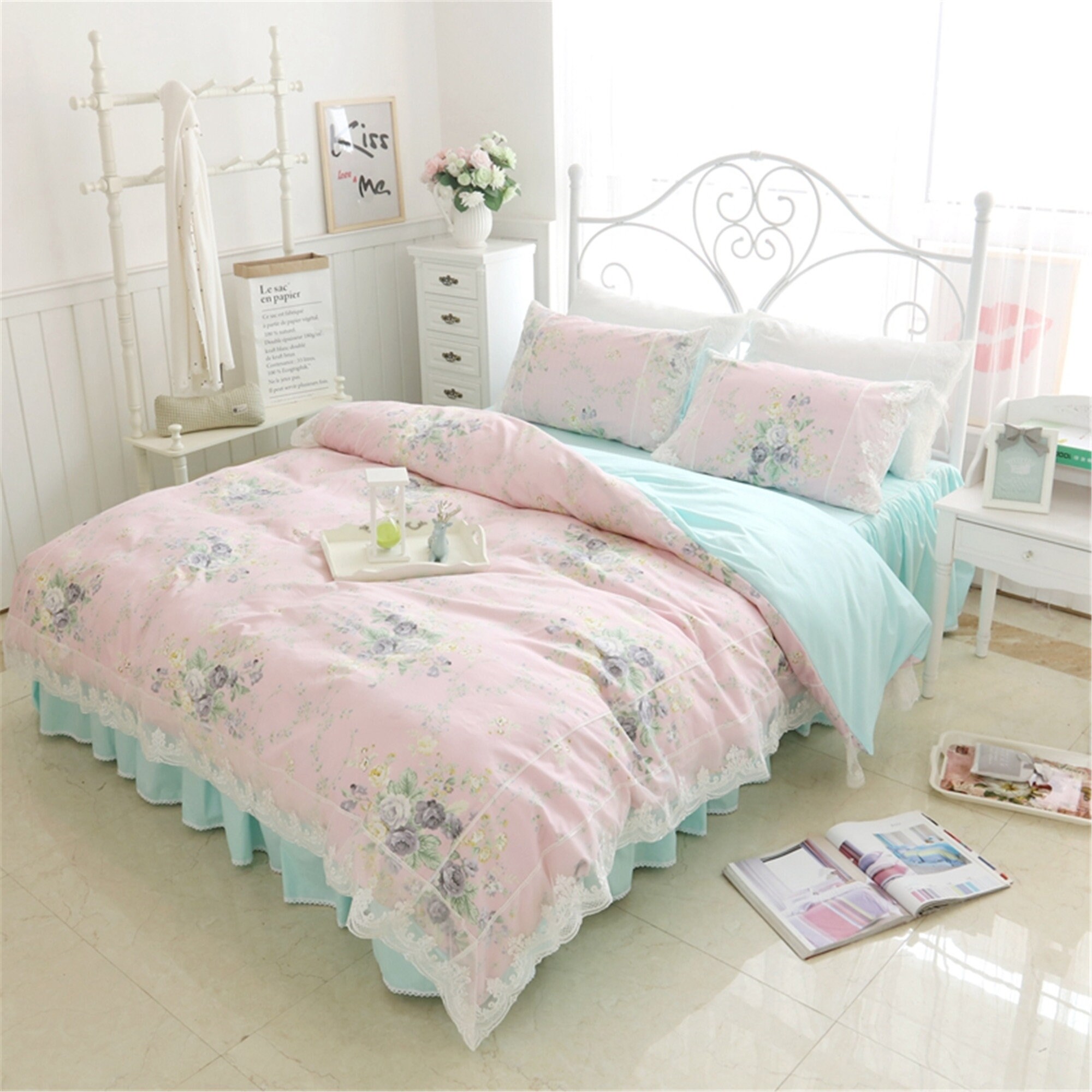 Pink Floral Duvet Cover Set Soft Cotton Bedding Set Lace Duvet Etsy
