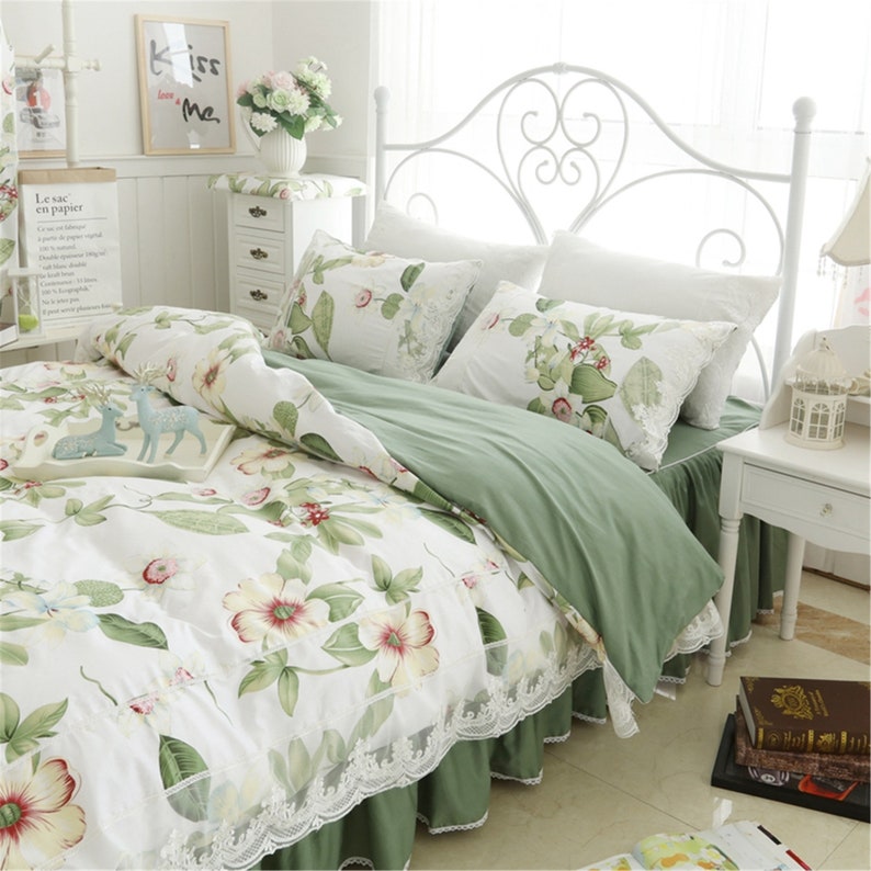 Green Floral Duvet Cover Set Soft Cotton Bedding Set Flower Etsy