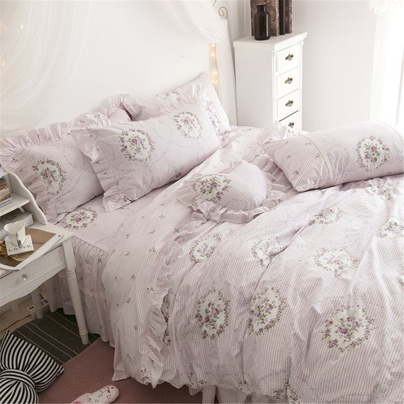 4 Pcs Cotton Duvet Cover Set Floral Lace Bedding Purple Etsy