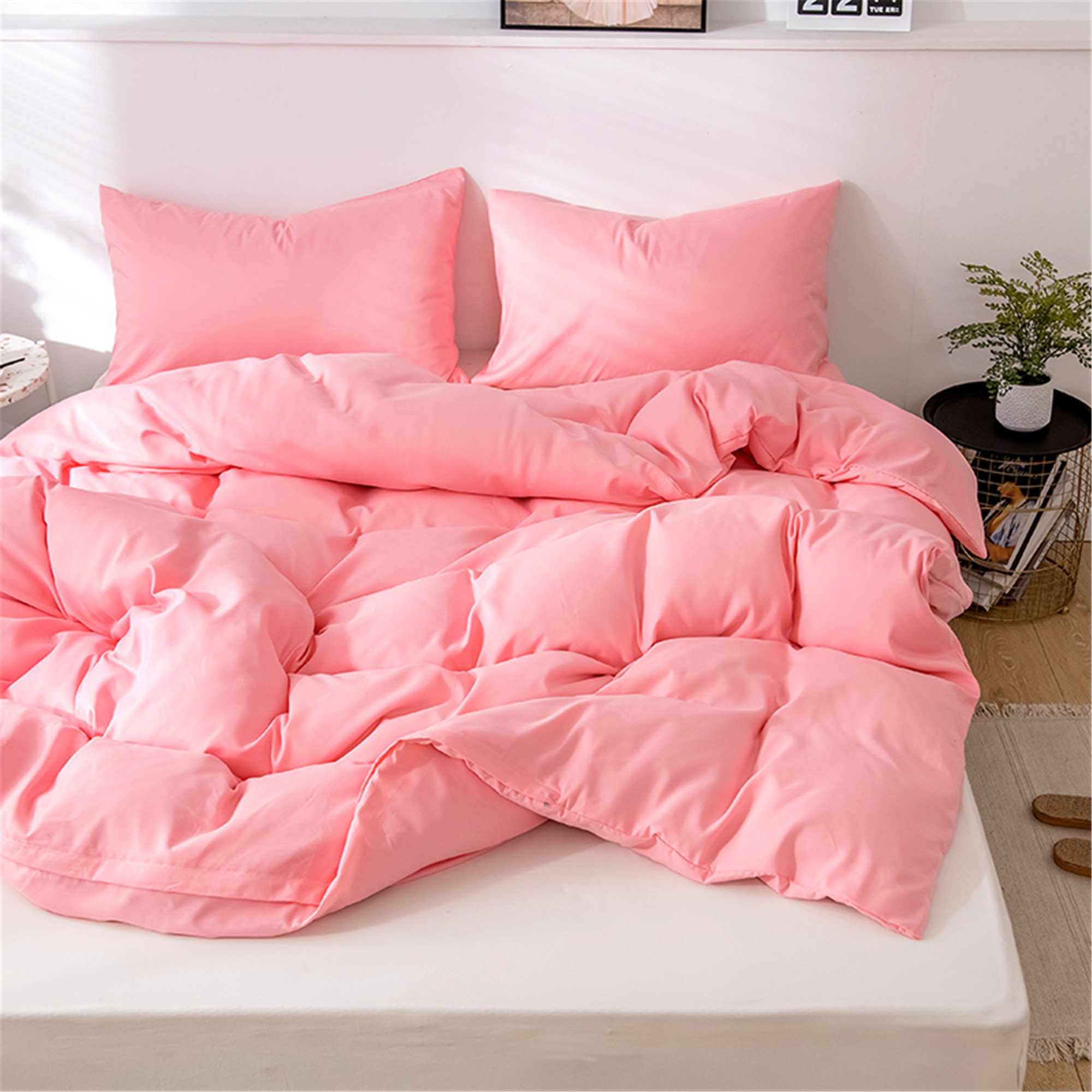 Duvet Cover Set Solid Bedding Microfiber Pink Bed Set | Etsy