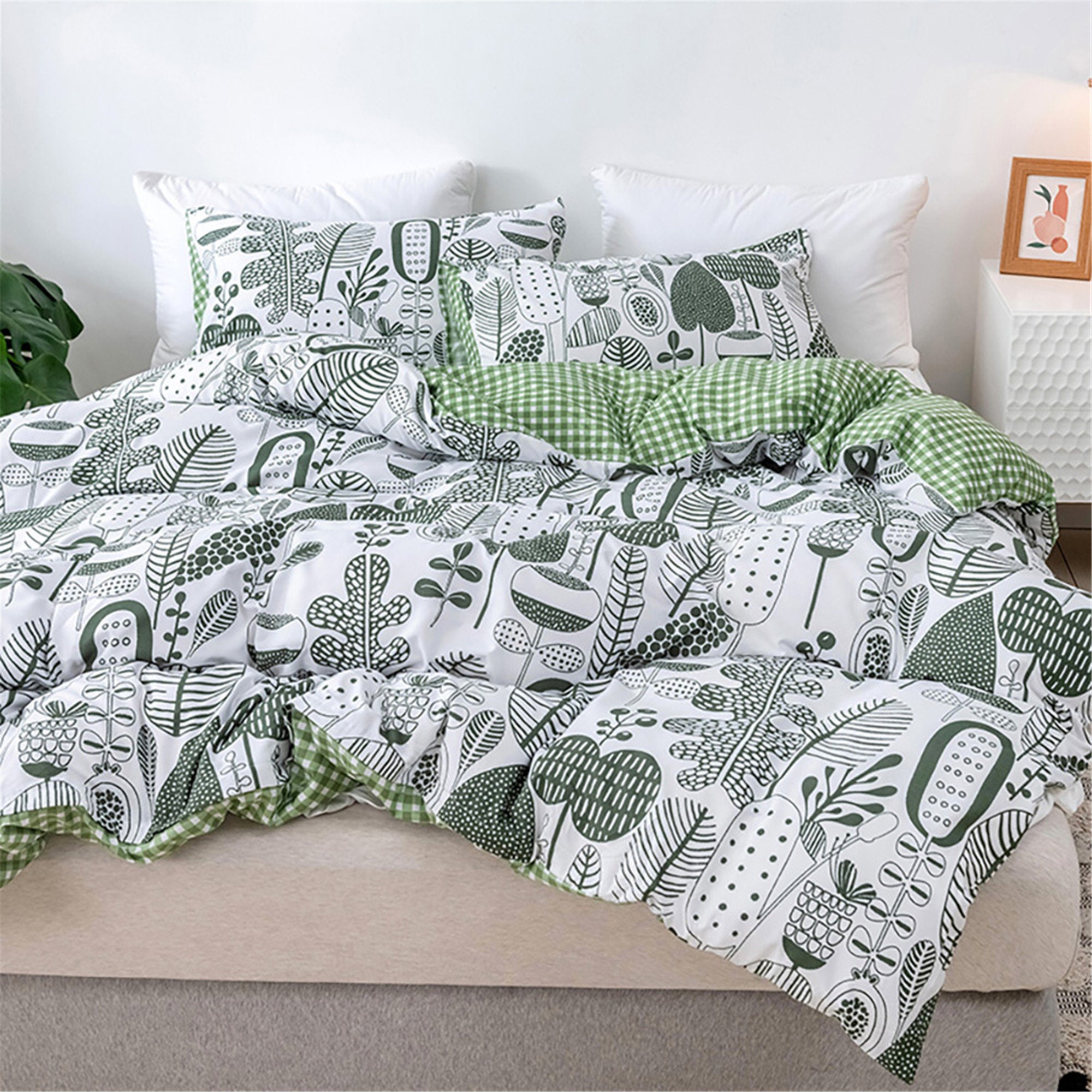 Floral Bedding Set Fresh Green Duvet Cover Set Flower Leaf | Etsy