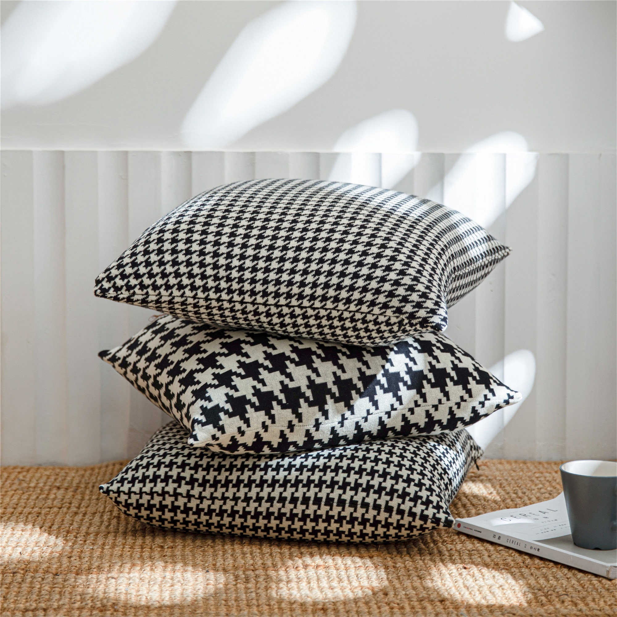 Houndstooth Throw Pillow Cover Black White Cotton Knitted Etsy