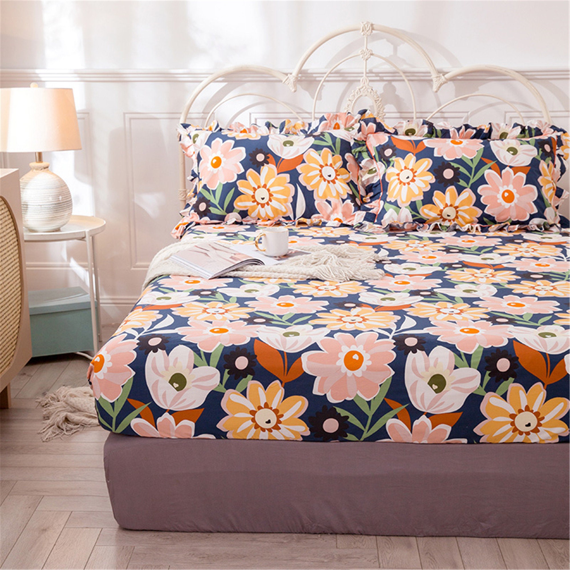 New Arrival Soft Cotton Fitted Sheet Colorful Flower Fitted Etsy