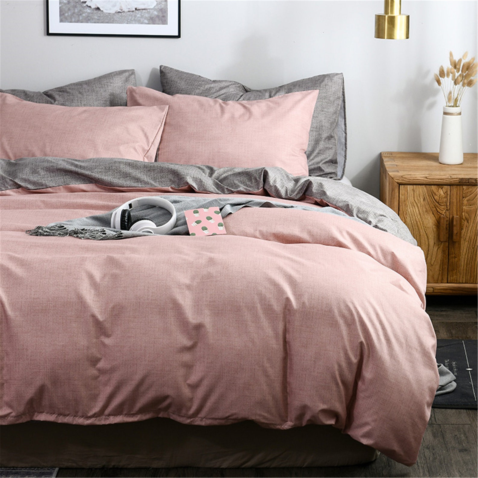 Duvet Cover Set Solid Bedding Microfiber Pink Gray Bed Set Etsy