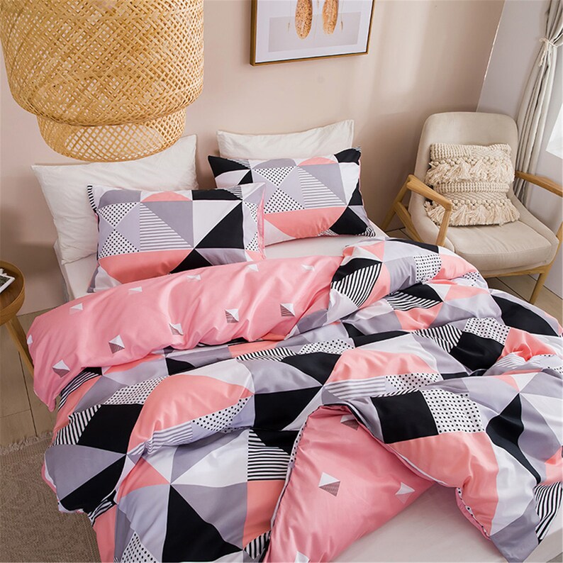 Triangle Duvet Cover Set Geometric Bedding Set Pink Gray Black Etsy
