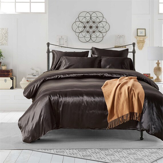 Black Duvet Cover Set Luxury Silk Like Bedding Set Elegant | Etsy