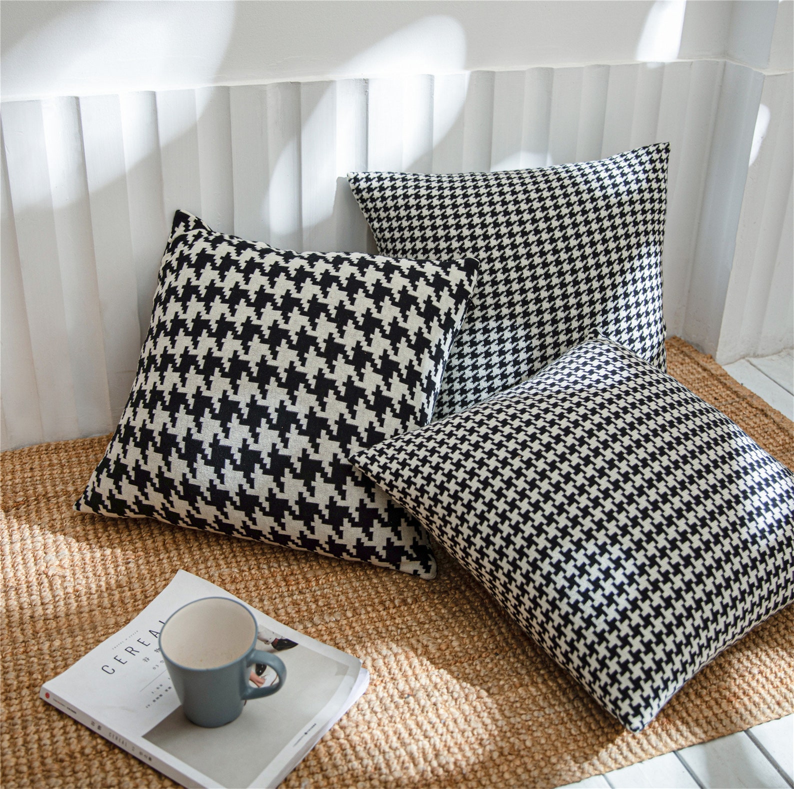 Houndstooth Throw Pillow Cover Black White Cotton Knitted Etsy