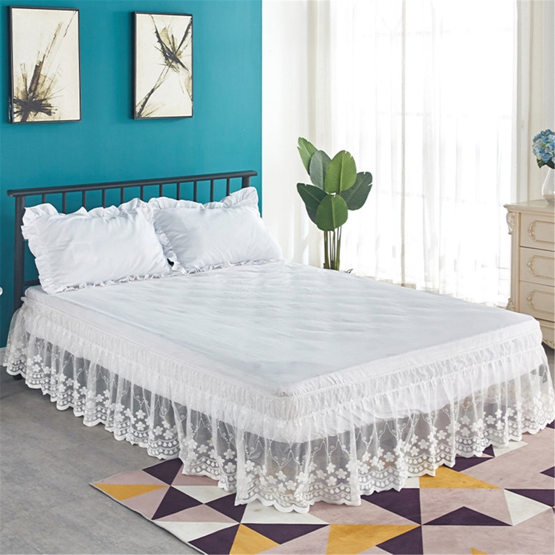 White Lace Stretch Bed Skirt Elastic Wrap Around Elastic Bed Etsy