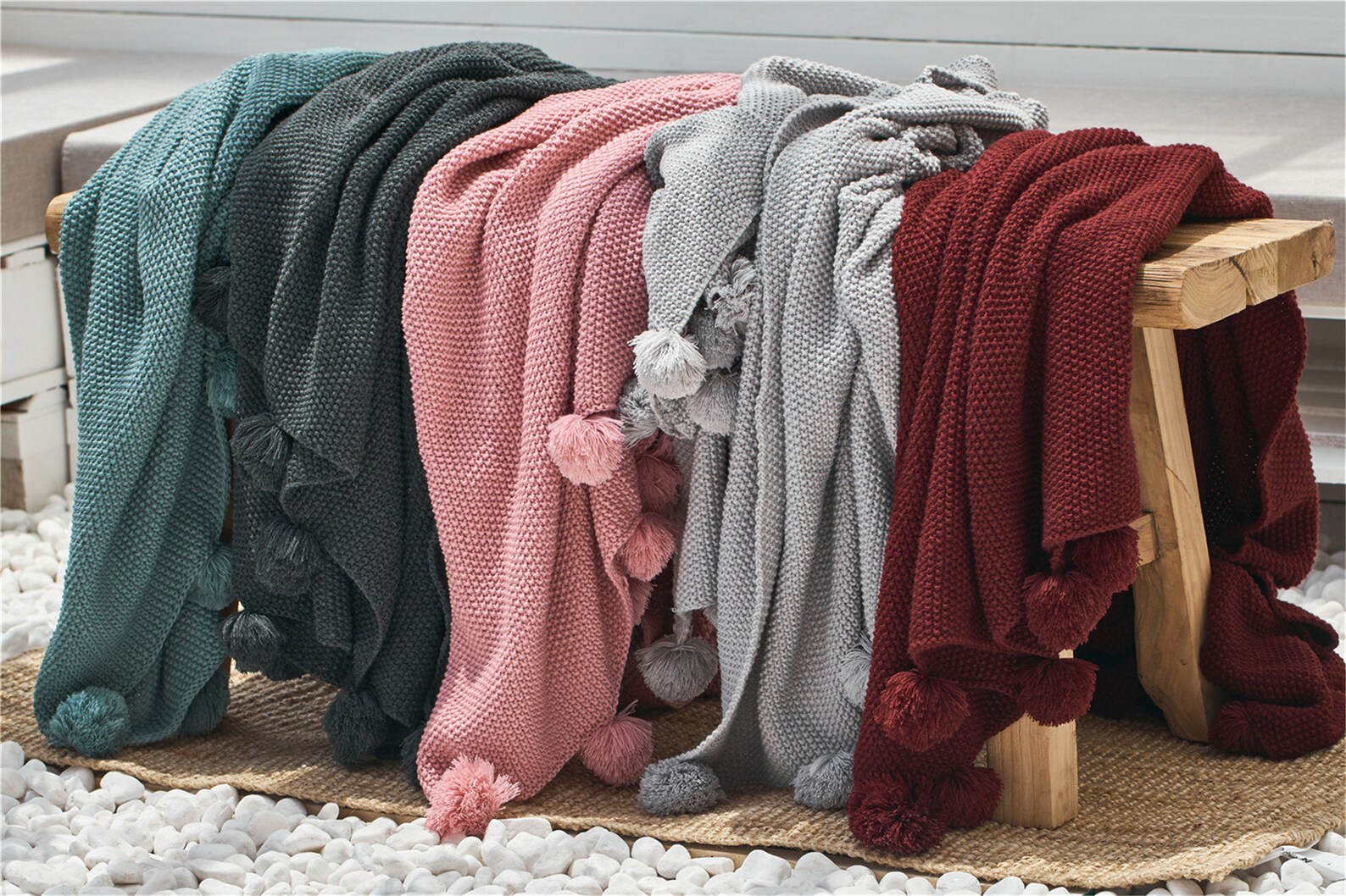 Light Gray Knitted Throw Blanket Pom Poms Decorative Throw Etsy