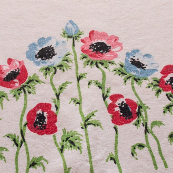 Red and Blue Floral print vintage tablecloth