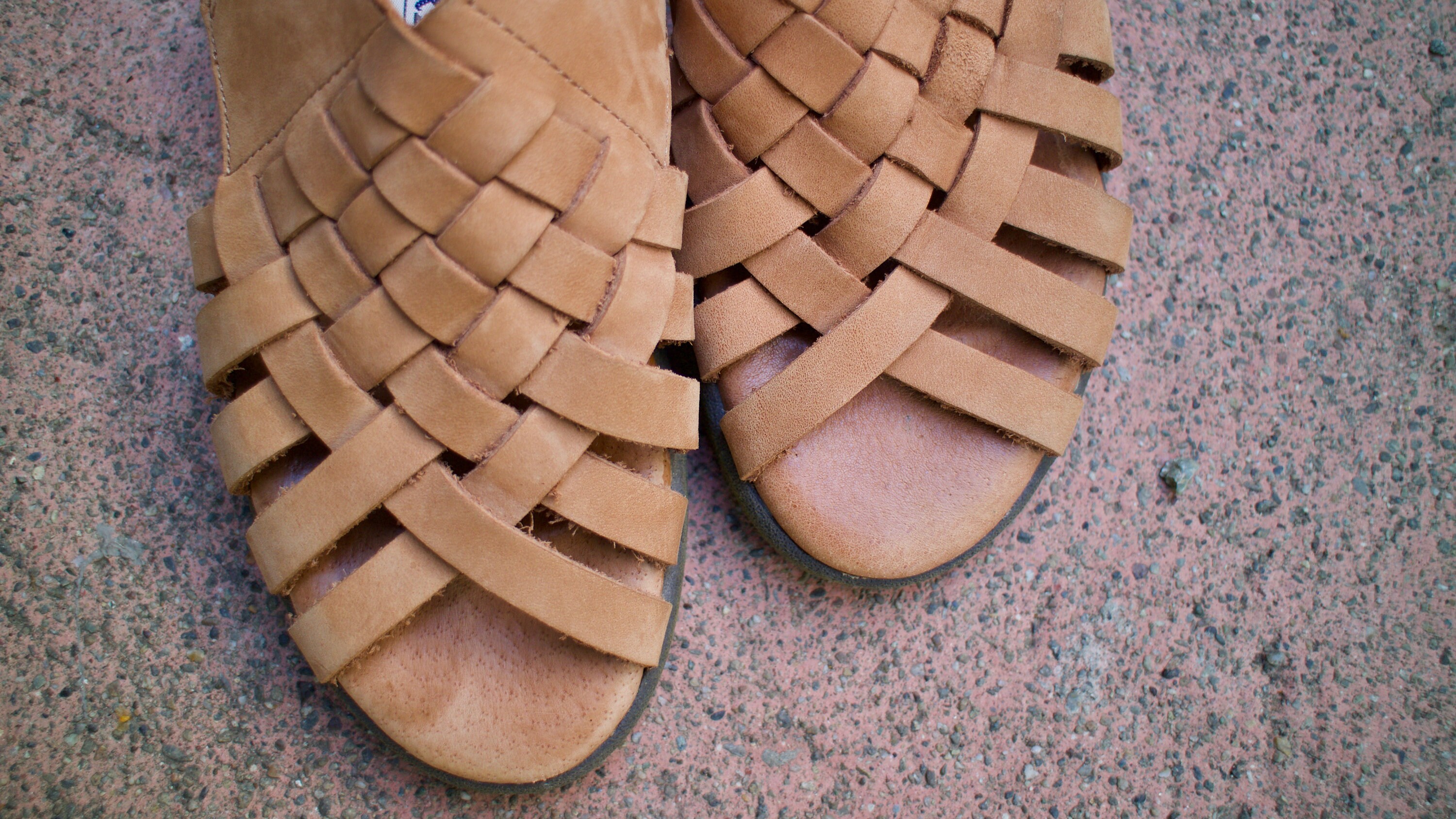 Tan woven shop leather slides