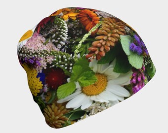 Floral Print Beanie: Spun Poly Knit, Bamboo Lined