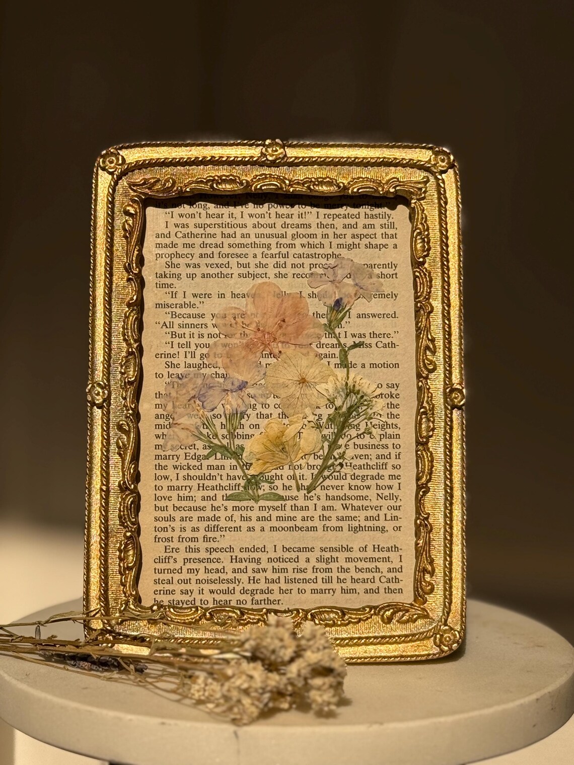 Pressed Flowers in Gold Frame on Wuthering Heights Book Page | Home ...