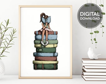 Girl Reading on Book Stack Printable Wall Art, Instant Digital Download, Girl Reading, Book Love Illustration