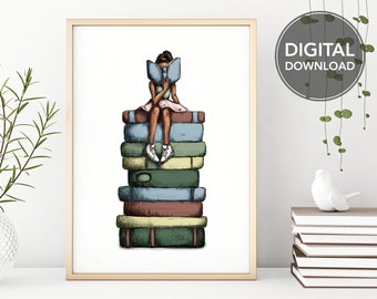 Girl Reading on Book Stack Printable Wall Art, Instant Digital Download, Girl Reading, Book Love Illustration