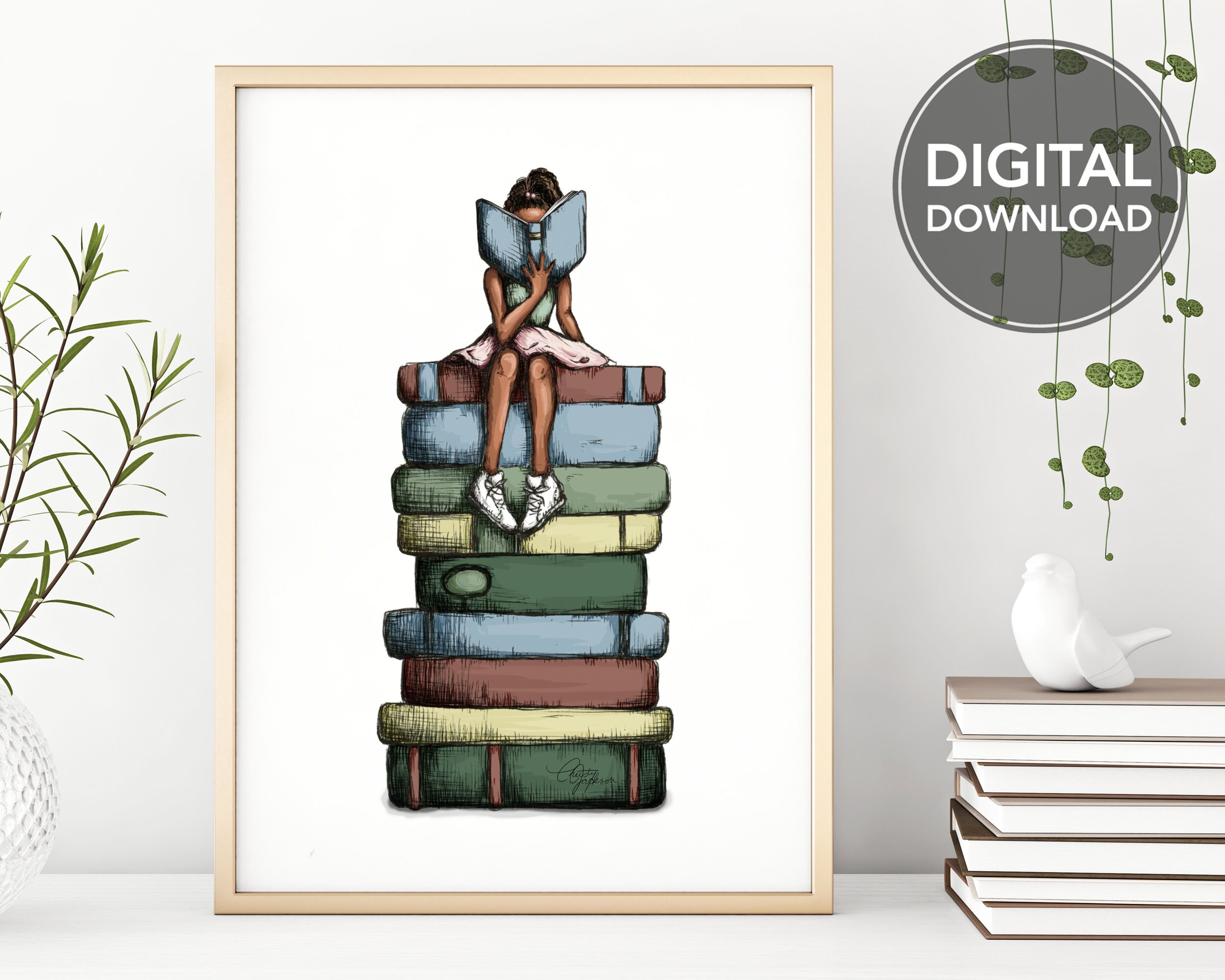 Girl Reading on Book Stack Printable Wall Art, Instant Digital Download,  Girl Reading, Book Love Illustration - Etsy