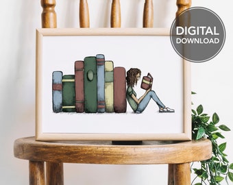 Girl Reading with Books Printable Wall Art, Instant Digital Download, Girl Reading, Book Love Illustration