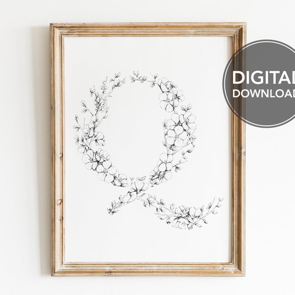 Floral Letter Q, Flowering Quince, Floral Letter Series, Instant Digital Download, Printable Botanical Wall Art, Pen & Ink Drawing