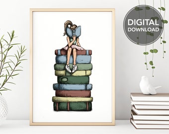 Girl Reading on Book Stack Printable Wall Art, Instant Digital Download, Girl Reading, Book Love Illustration