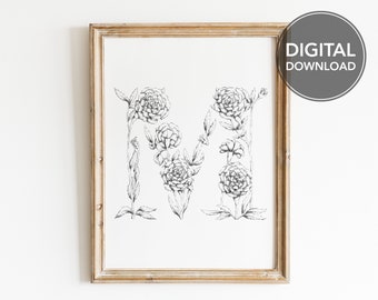 Floral Letter M, Marigold, Floral Letter Series, Instant Digital Download, Printable Botanical Wall Art, Pen & Ink Drawing